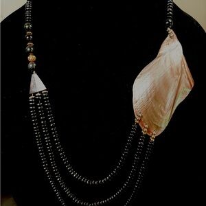 Asymmetric Mother of Pearl Shell Black Wood Bead Necklace (30")